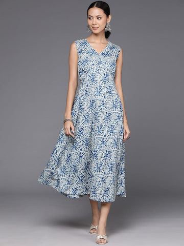 Varanga Women Blue And Off White Shibori Printed A Line Dress Vdrs41079